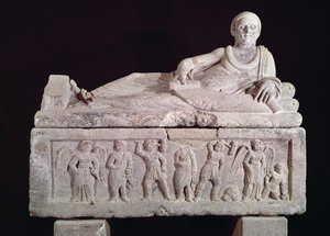 Sarcophagus of the magistrate Laris Pulena with a scroll unrolled before him, late 3rd century BC